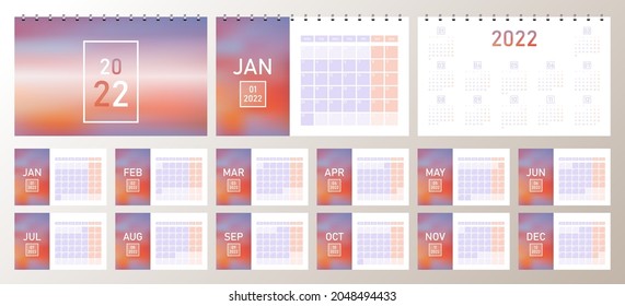 Calendar of year 2022. Landscape layout with placeholder for photos. Simple design whith bright colors