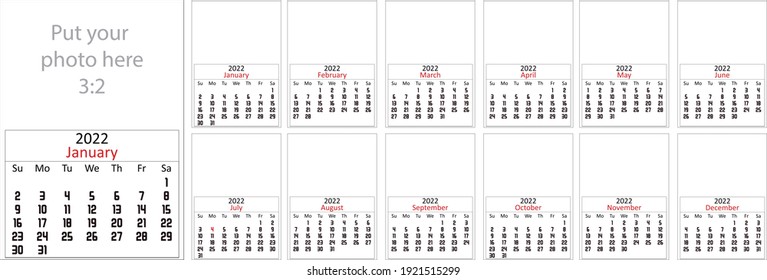 calendar year 2022 with numbers in black and holidays in red, Sunday to Saturday, July 4 in red, size adapted for A4 A3 A2