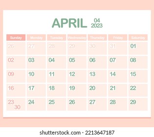 Calendar for year 2023. April. Office Corporate planner template in pastel colors. Wall or Desktop calendar page. Minimalism. Week starts on Sunday. Vector illustration	