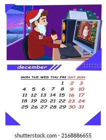 Calendar of the year 2023.
December, the boy celebrating Christmas by gaming pc.
Year of a Designer, calendar 2023.
Vector EPS 10.