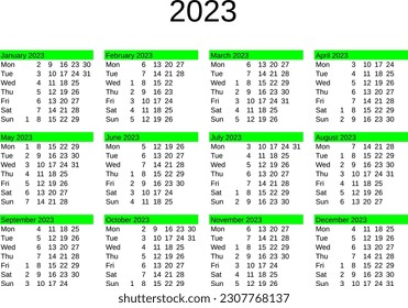 calendar of year 2023 in English language
