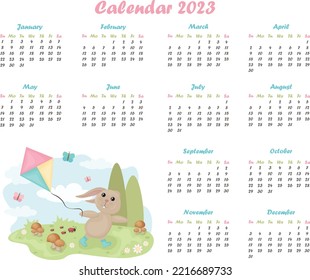 año civil 2023. Calendario con la imagen de un conejo lindo. Calendario del muro para el año. Ilustración del vector
