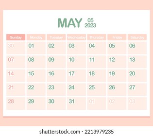 Calendar for year 2023. May. Office Corporate planner template in pastel colors. Wall or Desktop calendar page. Minimalism. Week starts on Sunday. Vector illustration