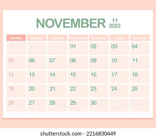 Calendar for year 2023. November. Office Corporate planner template in pastel colors. Wall or Desktop calendar page. Minimalism. Week starts on Sunday. Vector illustration	