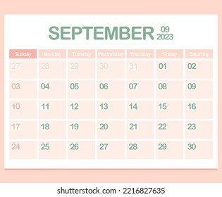 Calendar for year 2023. September. Office Corporate planner template in pastel colors. Wall or Desktop calendar page. Minimalism. Week starts on Sunday. Vector illustration	