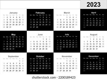 Calendar for year 2023 with simple chess board pattern