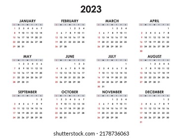 Calendar Year 2023 template. Annual Horizontal mockup. Weeks starts on sunday. Classic simple minimal design. Black numbers and red weekends on white background.
