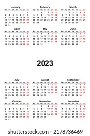 Calendar Year 2023 template. First day monday. Annual Vertical mockup. Classic simple minimal design. Black numbers and red weekends on white background.