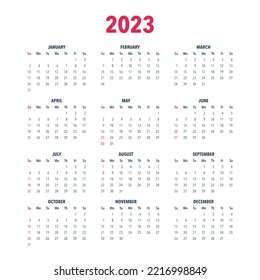 Calendar year 2023 vector illustration template in black and white colors. The week starts on Sunday. Sunday in red. Vector