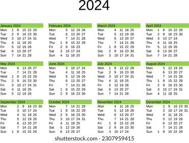 calendar of year 2024 in English language