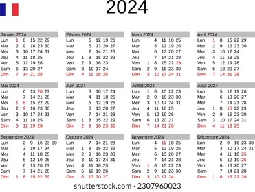 calendar of year 2024 in French language with France public holidays