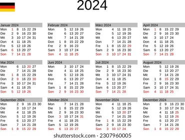calendar of year 2024 in German language with Germany public holidays