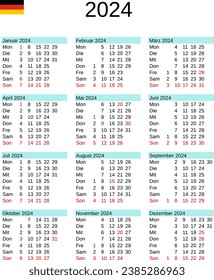 calendario del año 2024 en alemán con días festivos de Alemania