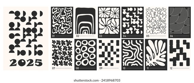Calendar for the year 2025. 2025 year. Calendar for 12 months. Vector calendar. Black and white calendar with figures. Various shapes, forms, lines