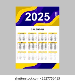 Calendar year 2025 in a colorful abstract design featuring yellow and blue elements. 