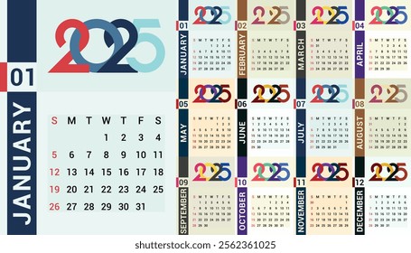 Calendar for year 2025 in a colorful, unique and beautiful style, Day Starts on Monday, Desk and wall calendar for 2025, vector design and editable. Best for planning.