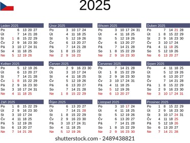 calendar of year 2025 in Czech language with Czech Republic public holidays