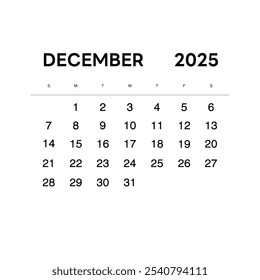 Calendario para el año 2025, diciembre. Vector. Aislar sobre fondo blanco.