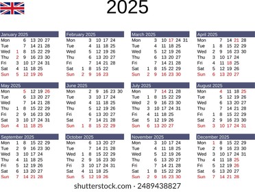 calendar of year 2025 in English language with United Kingdom public holidays