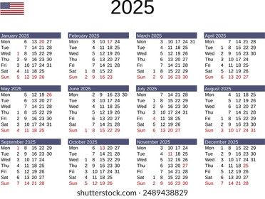 calendar of year 2025 in English language with United States public holidays