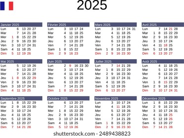 calendar of year 2025 in French language with France public holidays