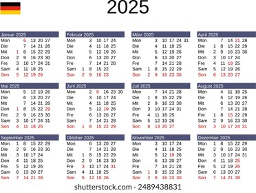 calendar of year 2025 in German language with Germany public holidays