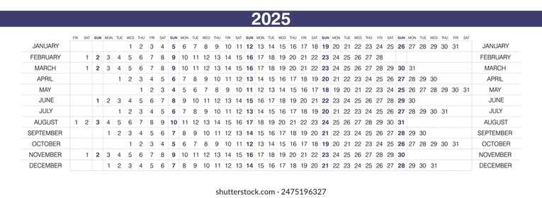 Kalender für 2025. Linearer Horizontaler Planer für das Jahr. Vorlage des Jahreskalenders. Die Woche beginnt am Sonntag. Kalenderplaner mit 12 Monaten Laufzeit. Landschaftssprache, englische Ausrichtung