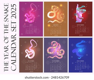 Calendar for the year 2025 of the snake, set of July August September October November December months beginning on Monday. Polygonal transparent colorful snakes, geometric modern figures