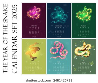 Calendar for the year 2025 of the snake, set of January February February March April May June months beginning on Monday. Polygonal transparent colorful snakes, geometric modern figures