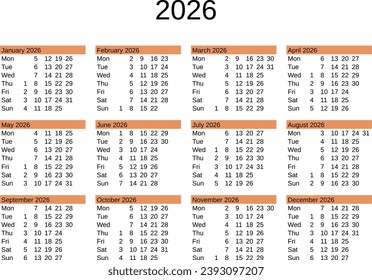 calendar of year 2026 in English language
