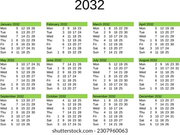 calendar of year 2032 in English language svg