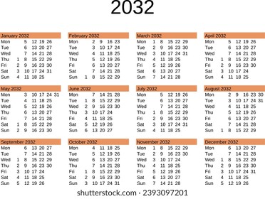 calendar of year 2032 in English language svg