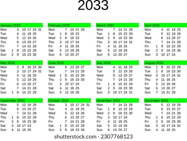 calendar of year 2033 in English language