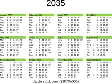 calendar of year 2035 in English language