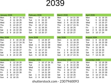 calendar of year 2039 in English language