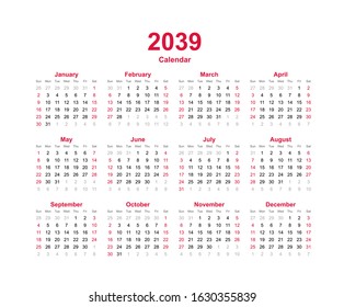 Calendar year 2039. Week starts on Sunday. Twelve months annual calendar vector template on white background. 