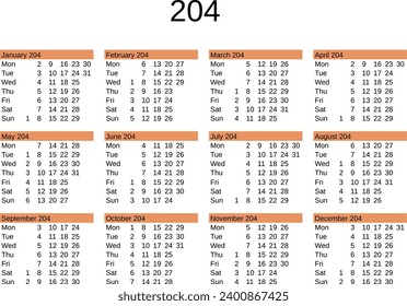 calendar of year 204 in English language