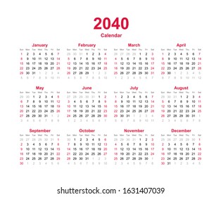 Calendar year 2040. Week starts on Sunday. Twelve months annual calendar vector template on white background. 