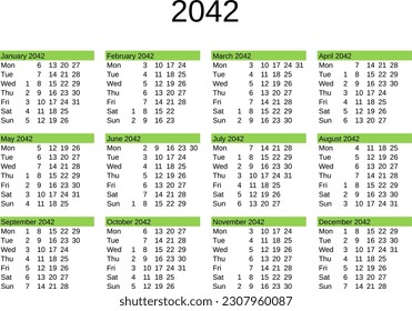 calendar of year 2042 in English language