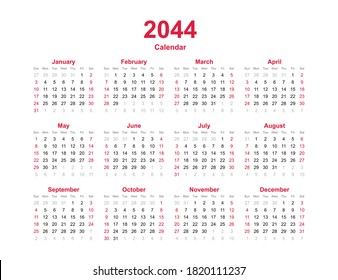 Calendar year 2044. Week starts on Sunday. Twelve months annual calendar vector template on white background. 