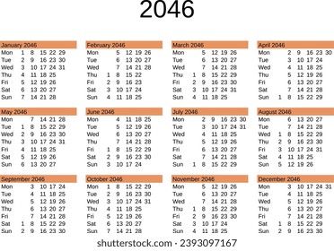 calendario del año 2046 en inglés