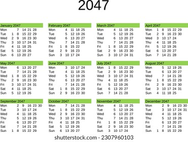 calendar of year 2047 in English language