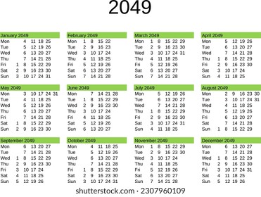 calendar of year 2049 in English language