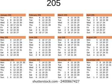 calendar of year 205 in English language