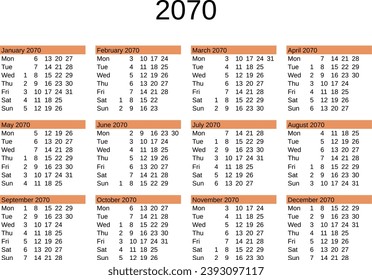 calendar of year 2070 in English language
