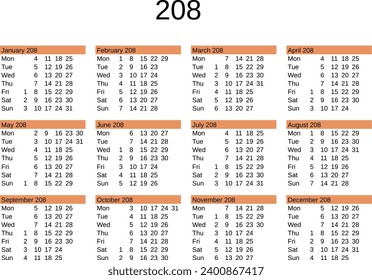 calendar of year 208 in English language