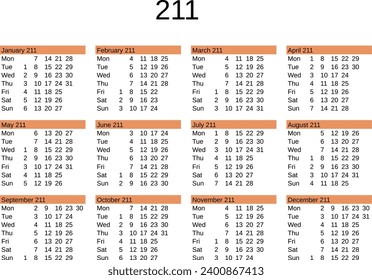 calendar of year 211 in English language