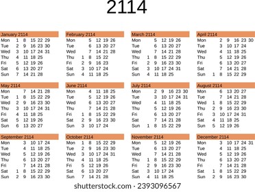 calendar of year 2114 in English language