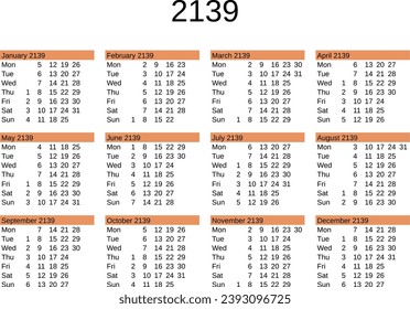 calendar of year 2139 in English language