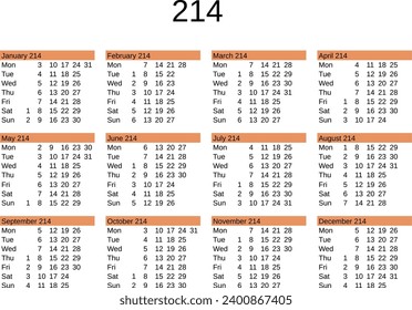 calendar of year 214 in English language